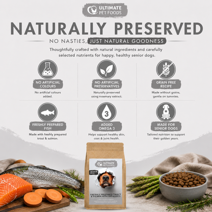 Grain free senior dog food trout salmon naturally preserved no artificial colours or preservatives