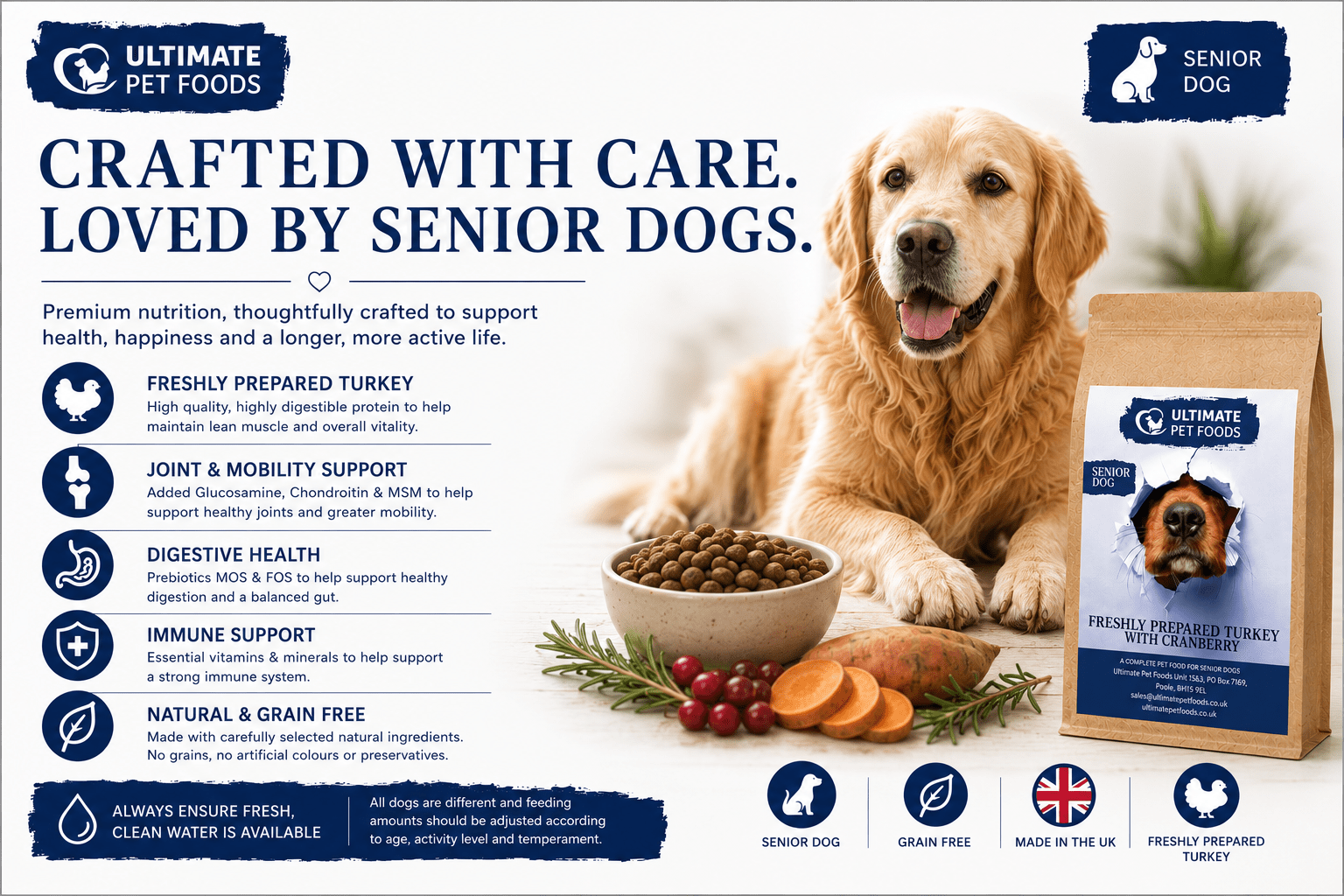 Grain free senior dog food turkey with cranberry by Ultimate Pet Foods — complete nutrition crafted with care for senior dogs