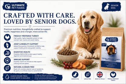 Grain free senior dog food turkey with cranberry by Ultimate Pet Foods — complete nutrition crafted with care for senior dogs