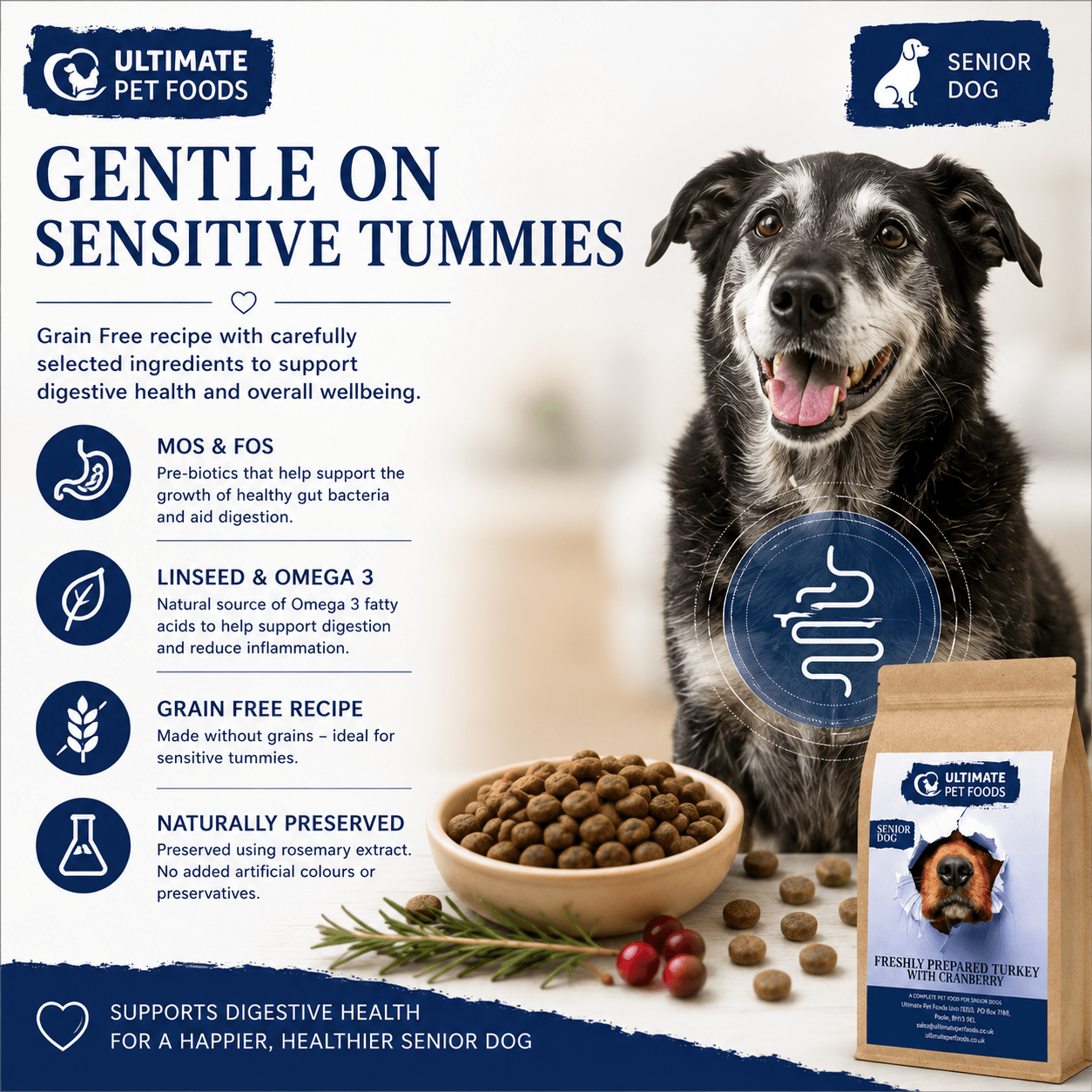 Grain free senior dog food turkey — gentle on sensitive tummies with prebiotics MOS and FOS, omega-3, grain free recipe naturally preserved