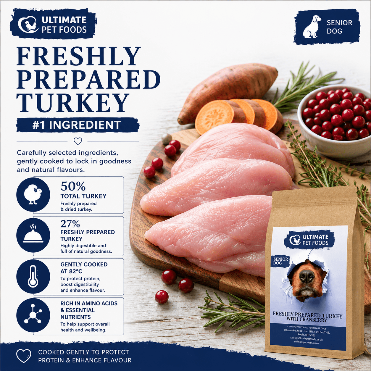Grain free senior dog food — freshly prepared turkey 50% total, number one ingredient cooked at 82°C to protect protein and enhance digestibility