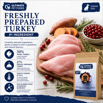 Grain free senior dog food — freshly prepared turkey 50% total, number one ingredient cooked at 82°C to protect protein and enhance digestibility
