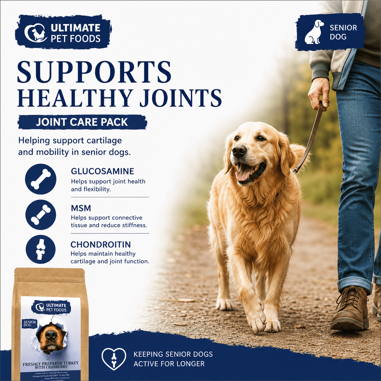 Grain free senior dog food turkey joint care pack — glucosamine, chondroitin and MSM to support healthy joints and mobility in senior dogs