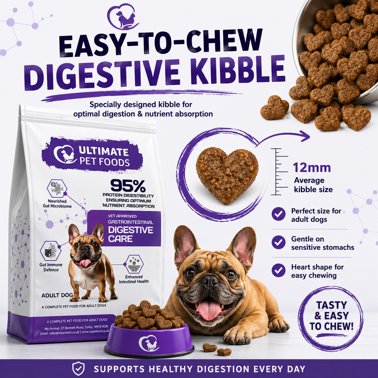 Easy-to-chew heart-shaped digestive care kibble — 12mm size, perfect for adult dogs, gentle on sensitive stomachs and specially designed for optimal digestion and nutrient absorption
