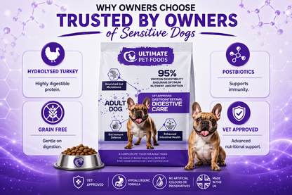 Ultimate Pet Foods Hydrolysed Digestive Care Dog Food — trusted by owners of sensitive dogs: hydrolysed turkey, grain free, postbiotics, vet approved, no artificial colours or preservatives