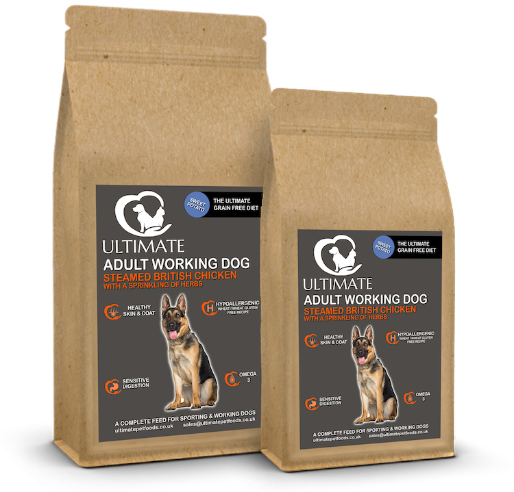 Grain Free Dry Dog Food from Ultimate Pet Food images shows the brown bag with label on the front