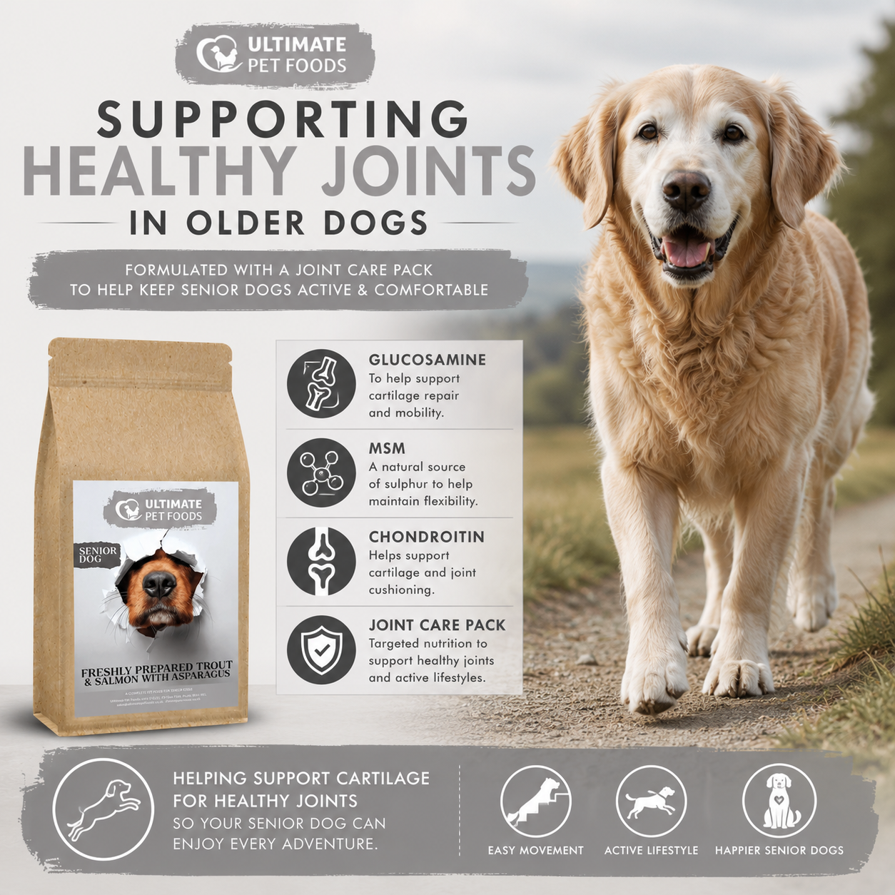 Senior dog food trout and salmon with glucosamine MSM and chondroitin for healthy joints in older dogs